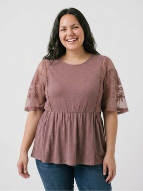 torrid Mauve Lace-Sleeve Peplum Top